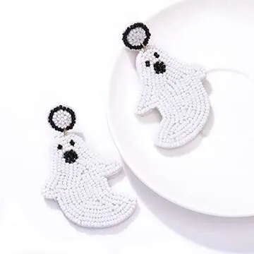 NVENF Halloween Earrings Spooky Beaded Ghost Pumpkin Dangle Earrings for Women Handmade Bead Drop Earring Studs Costume Themed Party Jewelry Gifts (Ghost)