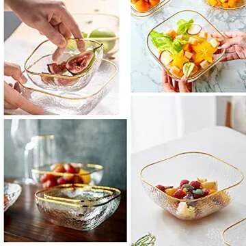 TOSSOW Square Glass Mixing Bowl Set of 2, Serving Bowls All Purpose Transparent Salad Bowls, Condiment Bowls for Fruit, Snacks, Sauces, Popcorn and More