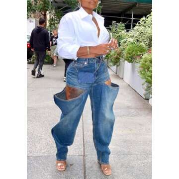 YOOTIKO Women's Baggy Jeans Y2K High Waisted Cutout Straight Leg Stretchy Boyfriend Denim Pants Streetwear