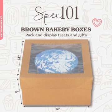 Spec101 Cake Boxes with Window 25pk 12 x 12 x 6in Brown Bakery Boxes, Disposable Cake Containers, De...