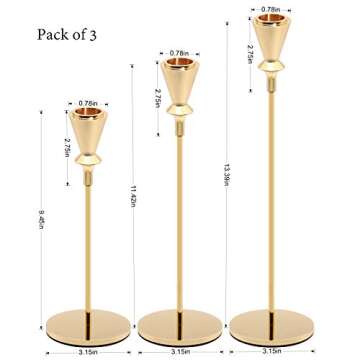 HUANGXIN Gold Candlestick Holders - Set of 3 Candlestick Holders for Taper Candle Fits 3/4 inch Candle & LED Candles Birthday Dinning Party Decorative Metal Candleholders (Gold)