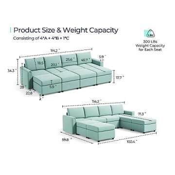 LINSY HOME Modular Sectional Sofa, Sleeper Sofa with Storage and Memory Foam, Sectional Couch with Chaise Lounge, Covers Removable Changeable, Oversized Sofa, Teal
