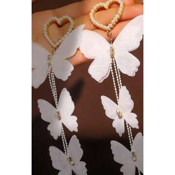 White Butterfly Beaded Heart Earrings for Women Dangle Drop Earrings Cute Earring