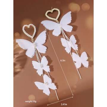 White Butterfly Beaded Heart Earrings for Women Dangle Drop Earrings Cute Earring