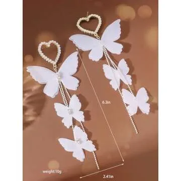 White Butterfly Beaded Heart Earrings for Women Dangle Drop Earrings Cute Earring