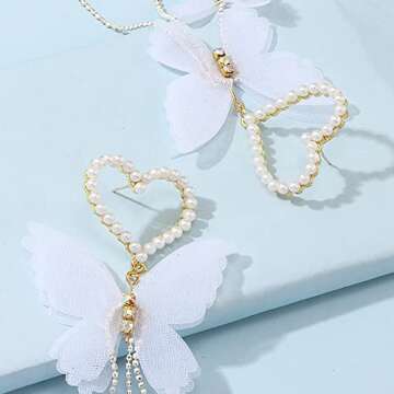 White Butterfly Beaded Heart Earrings for Women Dangle Drop Earrings Cute Earring