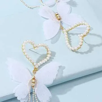 White Butterfly Beaded Heart Earrings for Women Dangle Drop Earrings Cute Earring