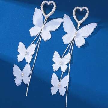 White Butterfly Beaded Heart Earrings for Women Dangle Drop Earrings Cute Earring