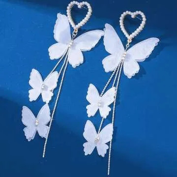 White Butterfly Beaded Heart Earrings for Women Dangle Drop Earrings Cute Earring