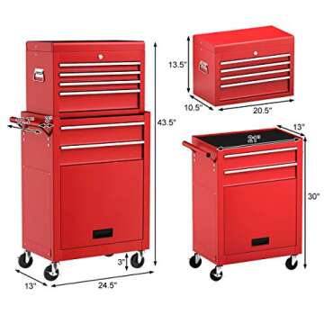 Goplus Rolling Tool Chest, 6-Drawer Tool Box Organizer w/Auto Locking System & Lockable Wheels & Sliding Drawers & Detachable Top, Tool Storage Cabinet for Garage Workshop (Red)