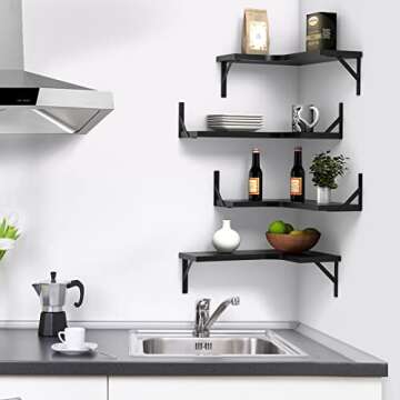 EACHPAI Floating Corner Shelves for Wall Décor Storage, Wall Shelves Set of 4, Wall Mounted Wood Shelves for Home Decor, Bedroom, Living Room, Bathroom, Kitchen, Office (Black)…