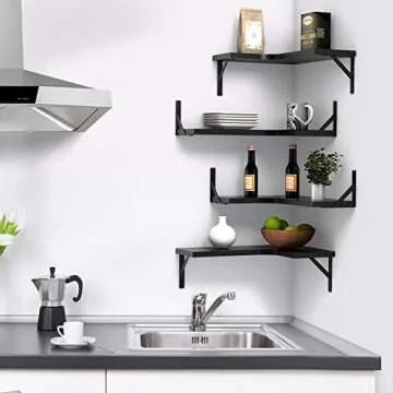 EACHPAI Floating Corner Shelves for Wall Décor Storage, Wall Shelves Set of 4, Wall Mounted Wood Shelves for Home Decor, Bedroom, Living Room, Bathroom, Kitchen, Office (Black)…