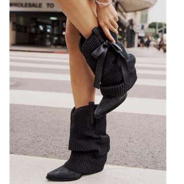 HoanTiai Western Ankle Boots For Women Knitted Fold Over Cowgirl Booties Pointed Toe Cowboy Booties ...