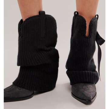 HoanTiai Western Ankle Boots For Women Knitted Fold Over Cowgirl Booties Pointed Toe Cowboy Booties Pull On Chunky Heel Boot Country Concert Trendy Heeled Shoes