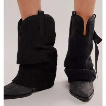 HoanTiai Western Ankle Boots For Women Knitted Fold Over Cowgirl Booties Pointed Toe Cowboy Booties Pull On Chunky Heel Boot Country Concert Trendy Heeled Shoes