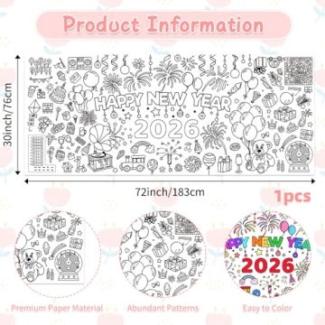 Happy New Year Coloring Tablecloth/Poster – 72"x30" Giant Coloring Fun for New Year 2026