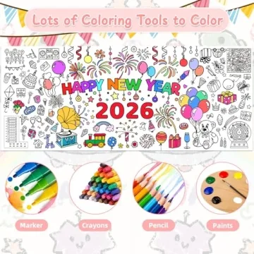 Happy New Year Coloring Tablecloth 2026 for Kids and Teens