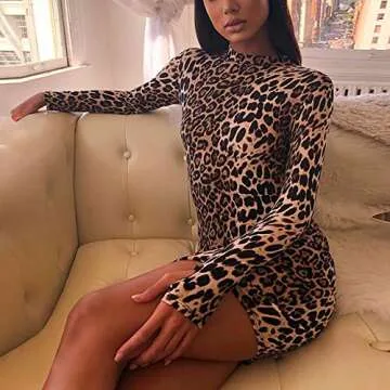 LYKSAW Queen.M Women's Sexy Bodycon Dress Knitting Casual Club Party Slim Short Mini Dress (Leopard Print, M)