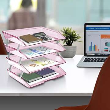 Acrimet Facility 4 Tier Letter Tray, Side Load, Letter Size, Desktop File Organizer, Plastic (Clear Pink)