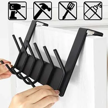 Dseap Over The Door Hook Hanger - 6 Hooks Over Door Coat Rack for Hanging Clothes Hat Towel, Black, 2 Packs