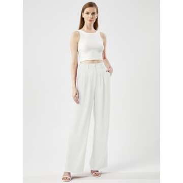 EAVORIL Women's Casual Wide Leg Pants Long Straight Suit Pants High Waisted Business Work Outfits Trendy Trousers for Women, White, S