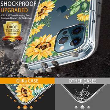 GiiKa for iPhone 12 Case, iPhone 12 Pro Case with Screen Protector, Clear Protective Floral Girls Women Shockproof Hard Case with TPU Bumper Cover Phone Case for iPhone 12, Yellow Sunflowers