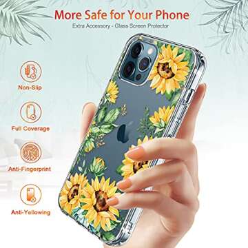 GiiKa for iPhone 12 Case, iPhone 12 Pro Case with Screen Protector, Clear Protective Floral Girls Women Shockproof Hard Case with TPU Bumper Cover Phone Case for iPhone 12, Yellow Sunflowers