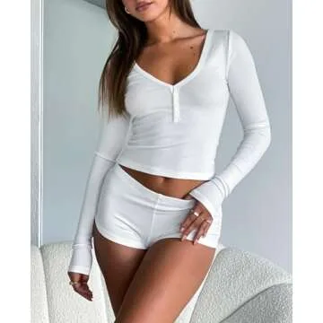 REVETRO 2024 Fall Womens Pajama Sets Sexy PJ Shorts 2 Piece Long Sleeve Lounge Set Sleepwear with Button Down White S
