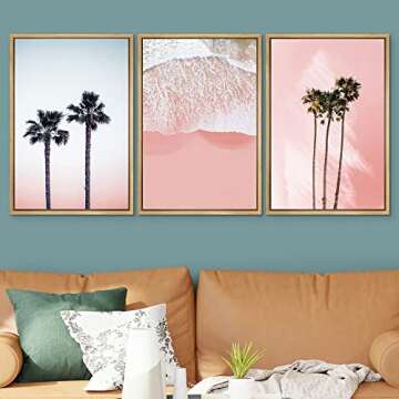SIGNWIN 3 Piece Framed Canvas Wall Art Palm Tree in The Pink Beach Canvas Prints Home Artwork Decora...