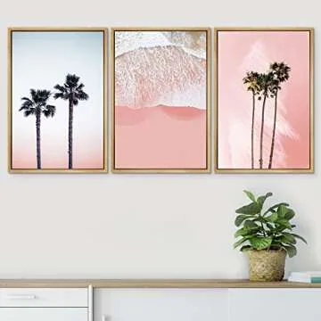 SIGNWIN 3 Piece Framed Canvas Wall Art Palm Tree in The Pink Beach Canvas Prints Home Artwork Decoration for Living Room,Bedroom - 16"x24"x3 Natural