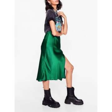 Sheface Women's Satin Midi Skirt High Waist Side Split Silk Cocktail Party Skirt Elastic Waistband F...