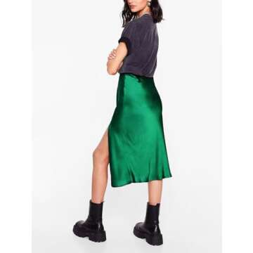 Sheface Women's Satin Midi Skirt High Waist Side Split Silk Cocktail Party Skirt Elastic Waistband Flared A-Line Midi Skirts Dark Green