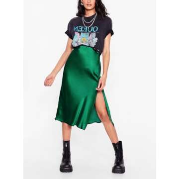 Sheface Women's Satin Midi Skirt High Waist Side Split Silk Cocktail Party Skirt Elastic Waistband Flared A-Line Midi Skirts Dark Green