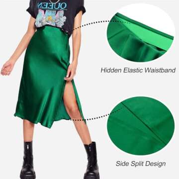 Sheface Women's Satin Midi Skirt High Waist Side Split Silk Cocktail Party Skirt Elastic Waistband Flared A-Line Midi Skirts Dark Green