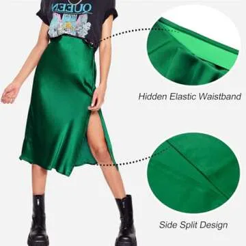 Sheface Women's Satin Midi Skirt High Waist Side Split Silk Cocktail Party Skirt Elastic Waistband Flared A-Line Midi Skirts Dark Green