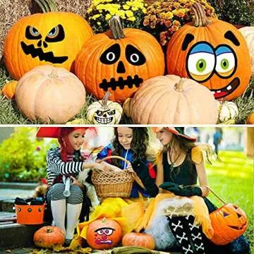 Halloween Pumpkin Decorating Stickers Kit, Make Jack-O-Lantern Face Decals for Pumpkins and Squashes, 60 Funny Expressions Crafts Halloween Treat Party Decor Idea Gifts for Kids - 12 Sheets