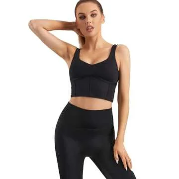 Mustcan Women Built in Bra Corset Padded Sports Bra Open Back Long line Yoga Fitness Workout Crop Top Tank Bra Black