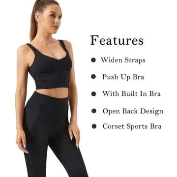 Mustcan Women Built in Bra Corset Padded Sports Bra Open Back Long line Yoga Fitness Workout Crop Top Tank Bra Black