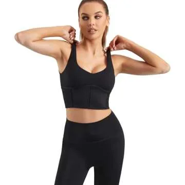 Mustcan Women Built in Bra Corset Padded Sports Bra Open Back Long line Yoga Fitness Workout Crop Top Tank Bra Black