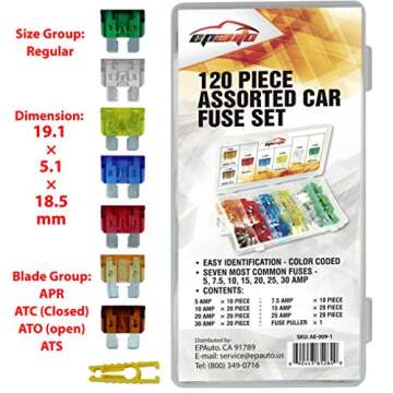 EPAuto 120 Piece Assorted Car Truck Standard Blade Fuse Set (5/7.5/10/15/20/25/30 AMP)