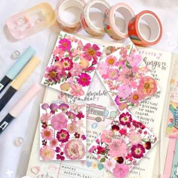 148PCS Pink Dried Pressed Flowers with Butterfly Stickers - YouthBro Craft Set for Resin Projects
