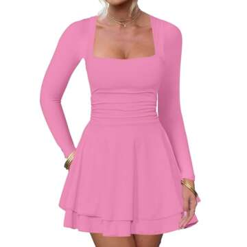 Kaximil Women's Square Neck Ruffle Hem Mini Dress Ruched Waist Long Sleeve Corset Short Party Dresses, Small, Pink