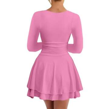 Kaximil Women's Square Neck Ruffle Hem Mini Dress Ruched Waist Long Sleeve Corset Short Party Dresses, Small, Pink