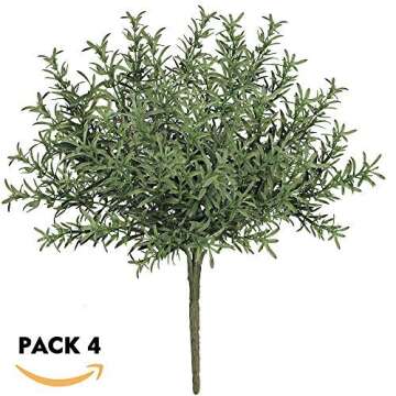 BESTTOYHOME 4 Pcs Artificial Rosemary Plants Fake Rosemary Greenery Leaves Bushes Evergreen Shrubs S...