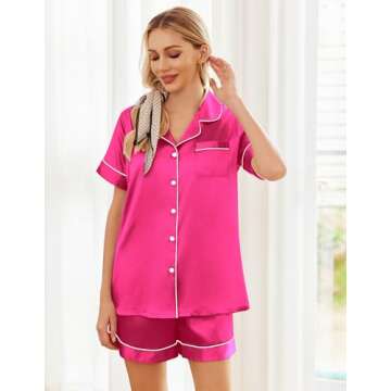 Ekouaer Pajamas Sets Womens Silk Satin Pjs Short Sleeve Button Down Loungewear 2 Piece Sleepwear Summer Shorts Set,Rose,XL