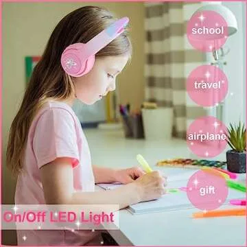 HOYJACY Cat Ear Kids Bluetooth Headphones, LED Light Up Wireless/Wired, Folding Stereo Microsphone f...