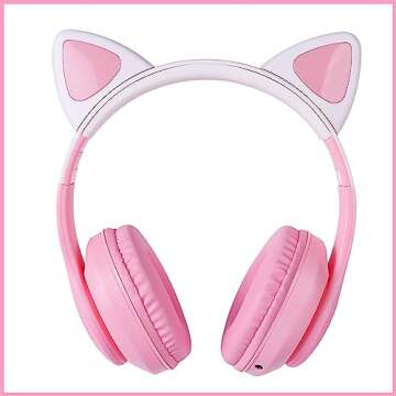 HOYJACY Cat Ear Kids Bluetooth Headphones for Girls Children Teens, LED Light Up Wireless/Wired Mode Foldable Stereo Girls Headphones with Built-in Mic for School Birthday Xmas Gift (Pink)