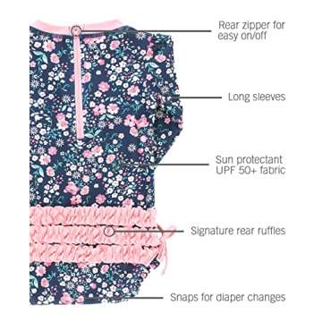 RuffleButts Baby Girls UPF 50+ Sun Protection Floral Printed Long Sleeve One Piece Rash Guard Swimsuit with Zipper - Moonlit Meadow, 6-12m