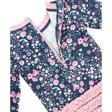 RuffleButts Baby Girls UPF 50+ Sun Protection Floral Printed Long Sleeve One Piece Rash Guard Swimsuit with Zipper - Moonlit Meadow, 6-12m