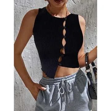 LilyCoco Ribbed Tank Tops for Women Sexy Cut Out Sleeveless Button Down Shirts B01-black Button Small